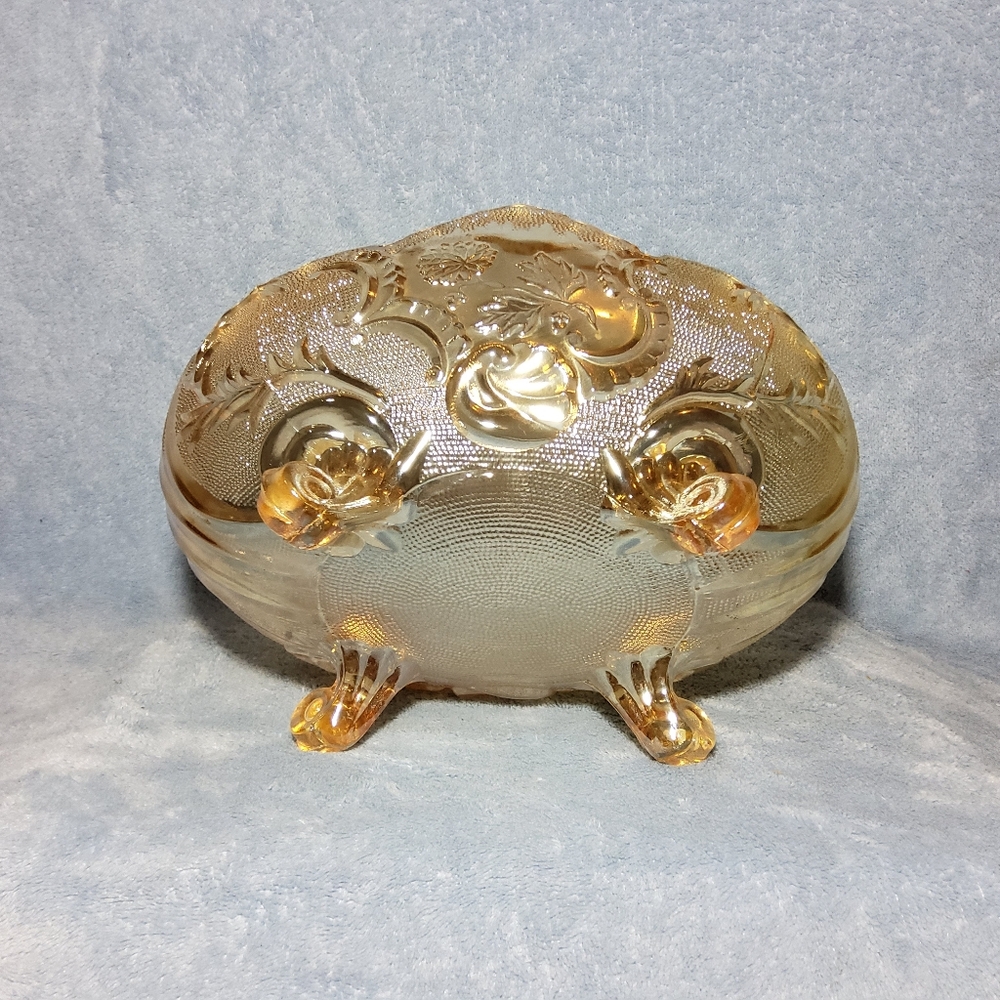 Vintage Jeannette Marigold Carnival Glass Lombardi Pattern Footed Fruit Bowl - Picture 7 of 8
